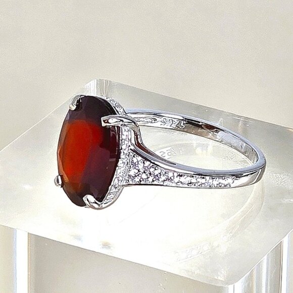 925 Sterling Silver Ring with Natural  Hessonite Garnet Gem & CZ - Picture 10 of 16